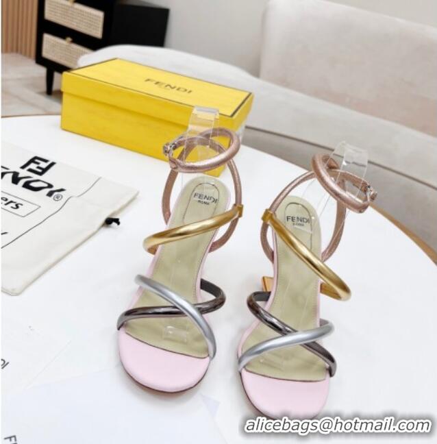 Top Grade Fendi First Nappa Leather High-heeled Sandals 9.5cm Heel Pink/Silver/Gold 0415070