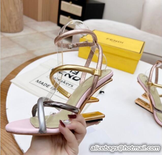 Top Grade Fendi First Nappa Leather High-heeled Sandals 9.5cm Heel Pink/Silver/Gold 0415070