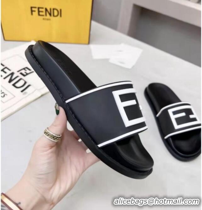 Unique Style Fendi FF Flat Slide Sandals Black/White 042267