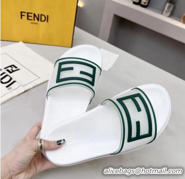 Classic Fendi FF Flat Slide Sandals White/Green 042268