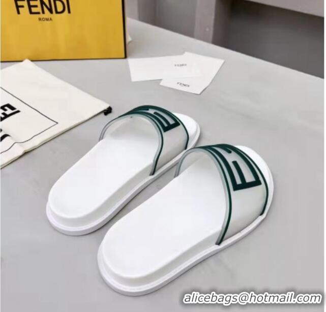 Classic Fendi FF Flat Slide Sandals White/Green 042268