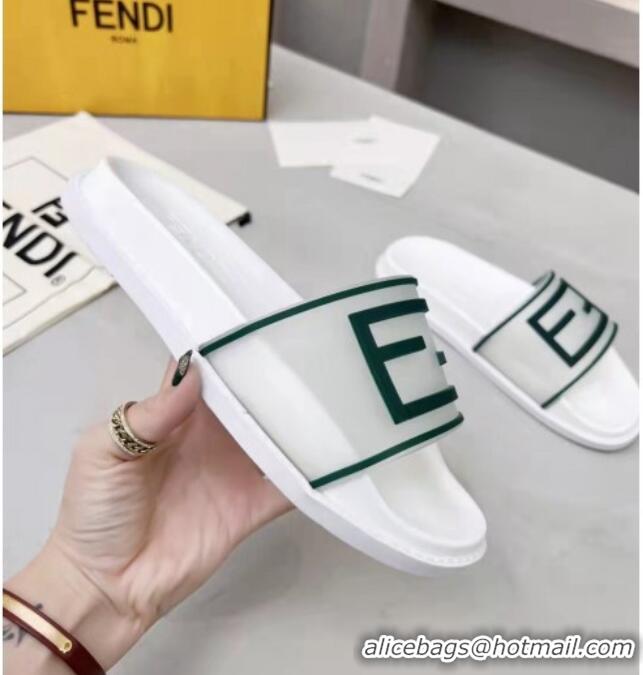 Classic Fendi FF Flat Slide Sandals White/Green 042268