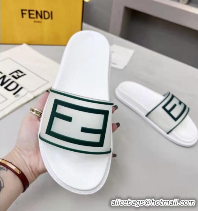 Classic Fendi FF Flat Slide Sandals White/Green 042268