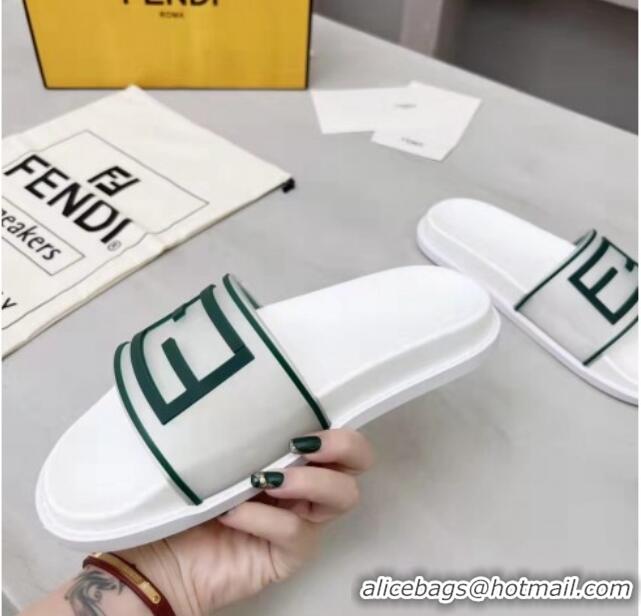 Classic Fendi FF Flat Slide Sandals White/Green 042268