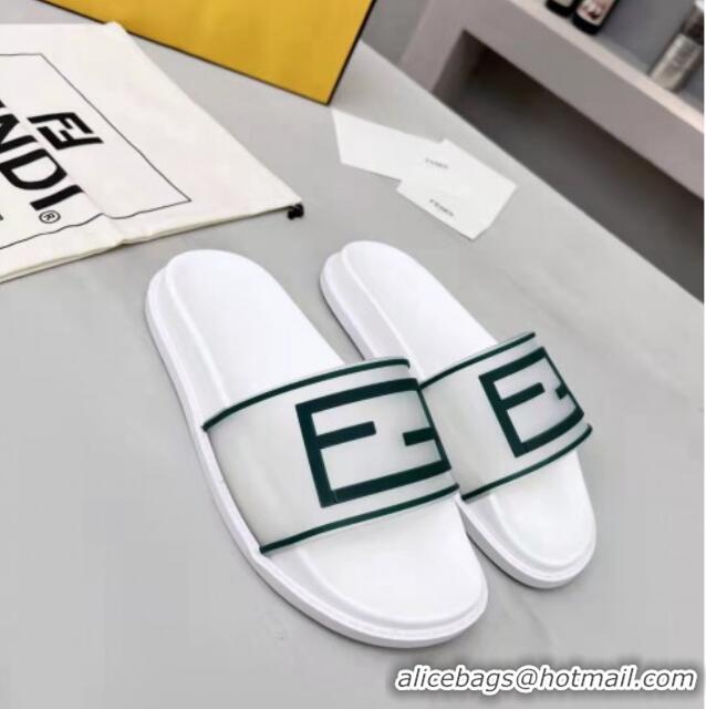 Classic Fendi FF Flat Slide Sandals White/Green 042268