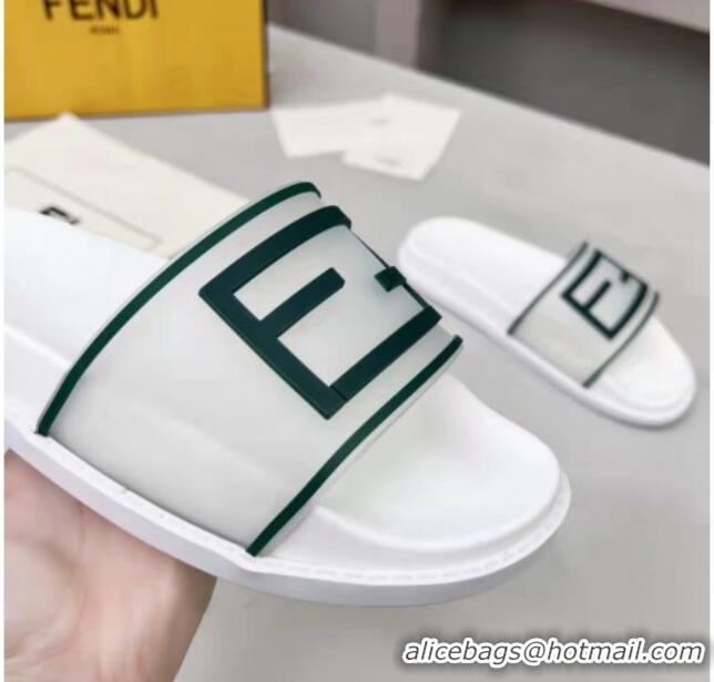 Classic Fendi FF Flat Slide Sandals White/Green 042268