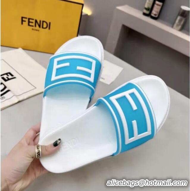 Fashion Fendi FF Flat Slide Sandals Blue/White 042269