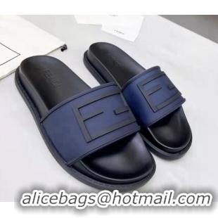 Classic Hot Fendi FF Flat Slide Sandals Navy Blue/Black 042271