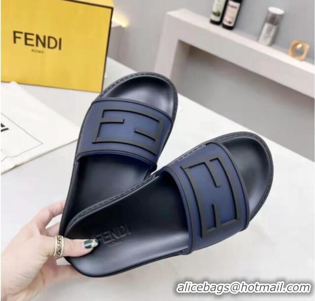 Classic Hot Fendi FF Flat Slide Sandals Navy Blue/Black 042271