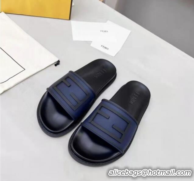 Classic Hot Fendi FF Flat Slide Sandals Navy Blue/Black 042271