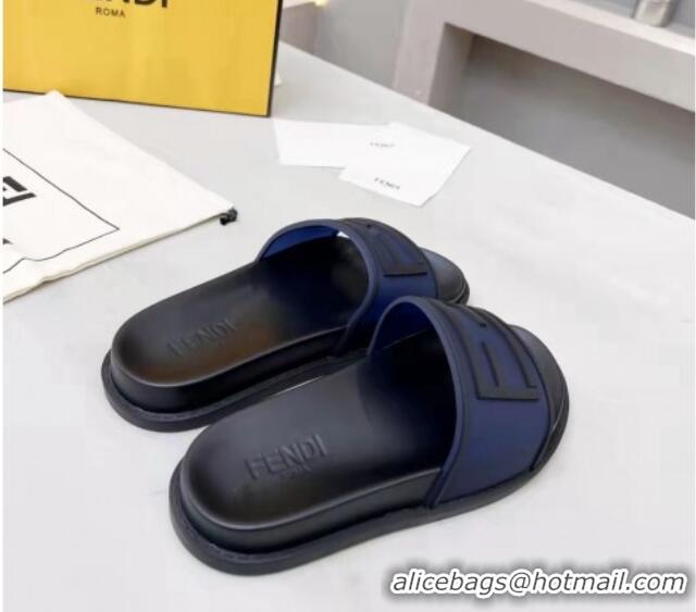 Classic Hot Fendi FF Flat Slide Sandals Navy Blue/Black 042271