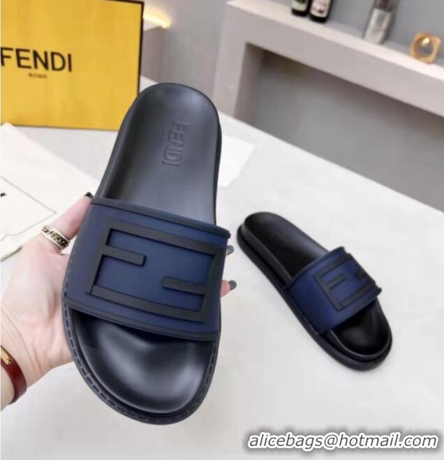 Classic Hot Fendi FF Flat Slide Sandals Navy Blue/Black 042271