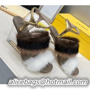 Low Cost Fendi First High Heel Sandals 9cm in Mink Fur White/Brown 042272