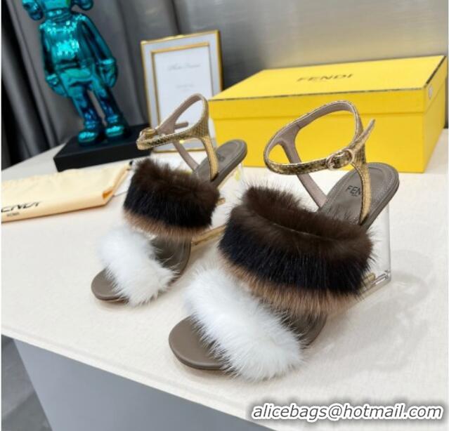 Low Cost Fendi First High Heel Sandals 9cm in Mink Fur White/Brown 042272