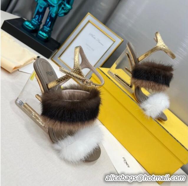 Low Cost Fendi First High Heel Sandals 9cm in Mink Fur White/Brown 042272