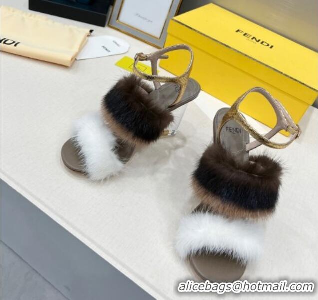 Low Cost Fendi First High Heel Sandals 9cm in Mink Fur White/Brown 042272