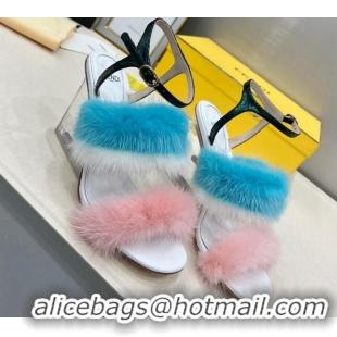 Pretty Style Fendi First High Heel Sandals 9cm in Mink Fur Pink/Blue 042273