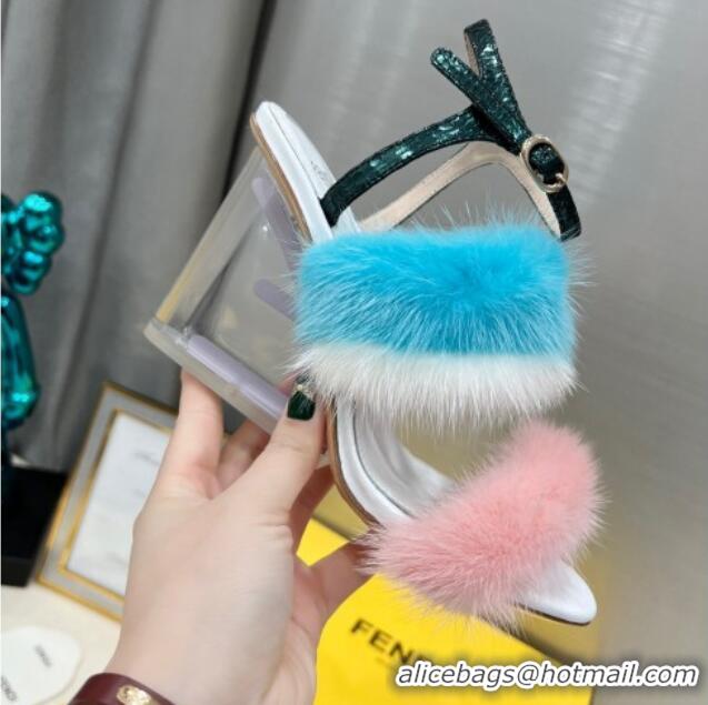 Pretty Style Fendi First High Heel Sandals 9cm in Mink Fur Pink/Blue 042273