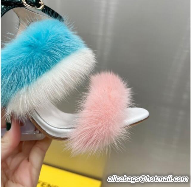 Pretty Style Fendi First High Heel Sandals 9cm in Mink Fur Pink/Blue 042273