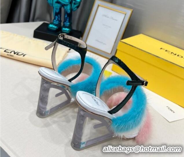 Pretty Style Fendi First High Heel Sandals 9cm in Mink Fur Pink/Blue 042273