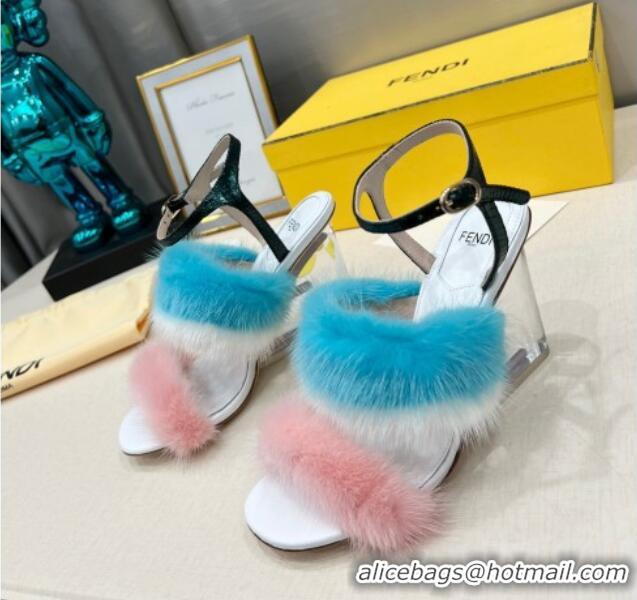 Pretty Style Fendi First High Heel Sandals 9cm in Mink Fur Pink/Blue 042273