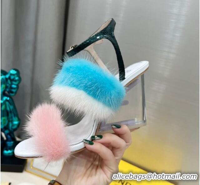 Pretty Style Fendi First High Heel Sandals 9cm in Mink Fur Pink/Blue 042273