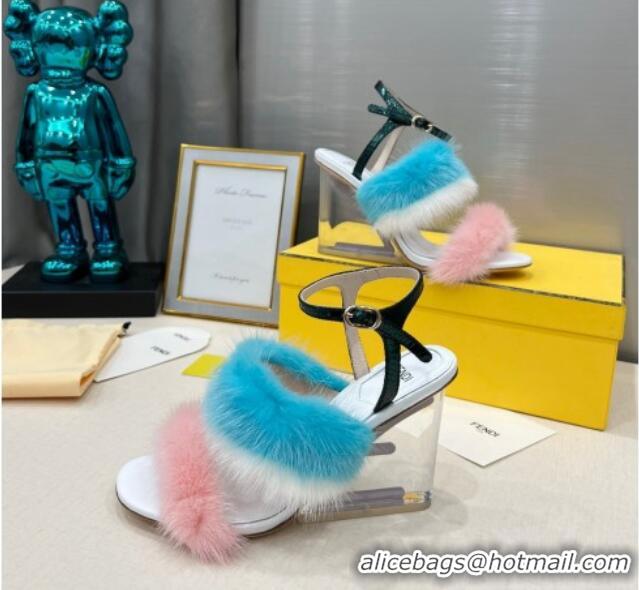 Pretty Style Fendi First High Heel Sandals 9cm in Mink Fur Pink/Blue 042273