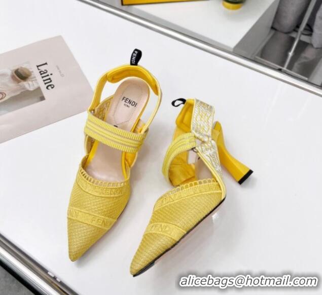 Good Quality Fendi Colibri Embroidered Slingback Pumps 8.5cm Yellow 042281