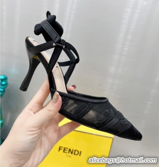 Shop Duplicate Fendi Colibri Slingback Pumps 8.5cm in Mesh Lip Embroidery Black 042285