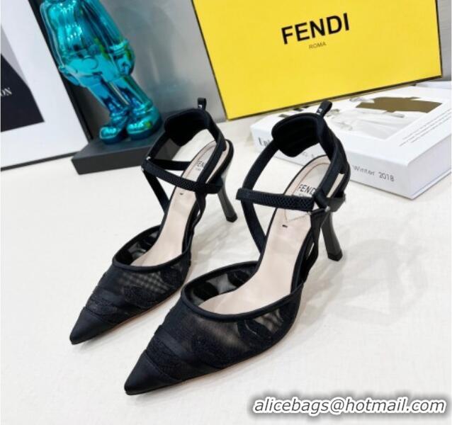 Shop Duplicate Fendi Colibri Slingback Pumps 8.5cm in Mesh Lip Embroidery Black 042285