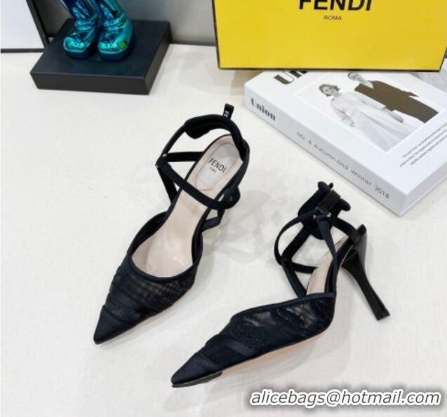 Shop Duplicate Fendi Colibri Slingback Pumps 8.5cm in Mesh Lip Embroidery Black 042285