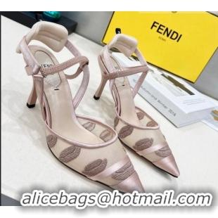 Pretty Style Fendi Colibri Slingback Pumps 8.5cm in Mesh Lip Embroidery Nude 042286