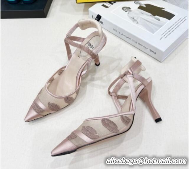 Pretty Style Fendi Colibri Slingback Pumps 8.5cm in Mesh Lip Embroidery Nude 042286