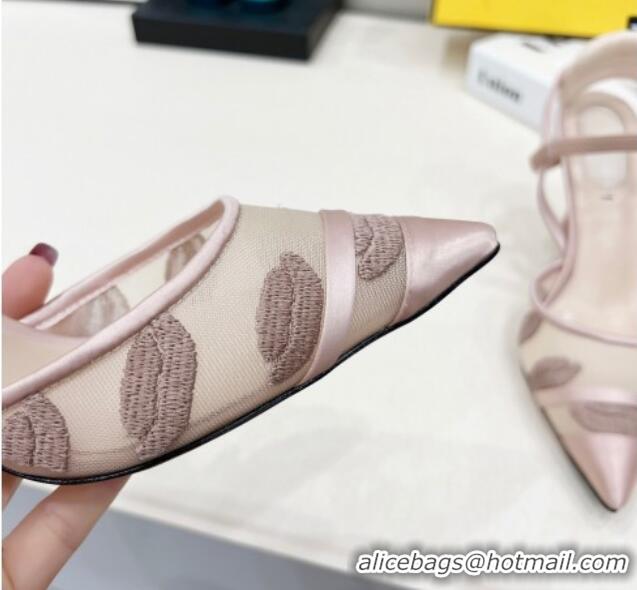 Pretty Style Fendi Colibri Slingback Pumps 8.5cm in Mesh Lip Embroidery Nude 042286