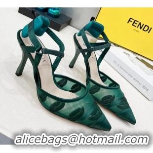 Popular Style Fendi Colibri Slingback Pumps 8.5cm in Mesh Lip Embroidery Green 042287