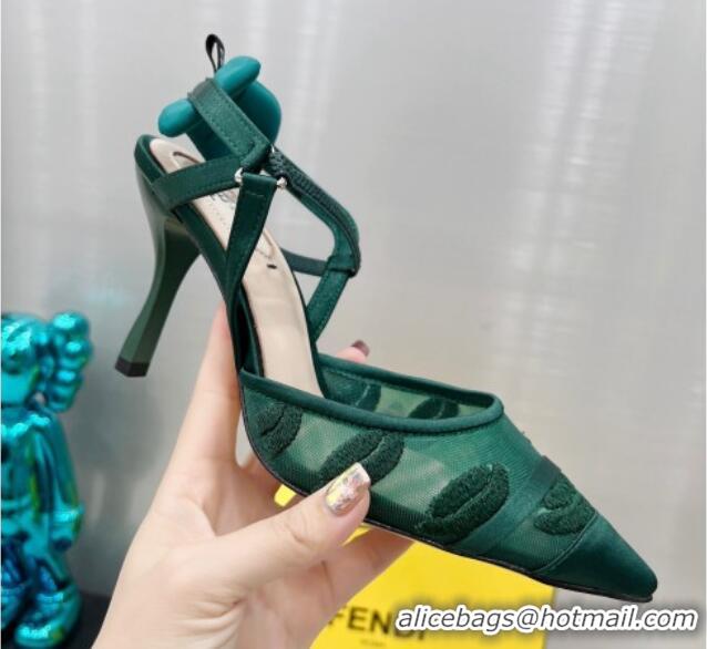 Popular Style Fendi Colibri Slingback Pumps 8.5cm in Mesh Lip Embroidery Green 042287