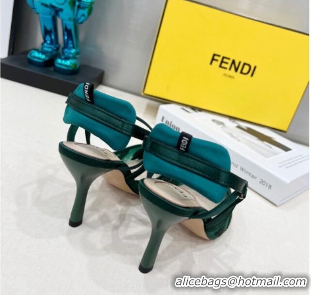 Popular Style Fendi Colibri Slingback Pumps 8.5cm in Mesh Lip Embroidery Green 042287