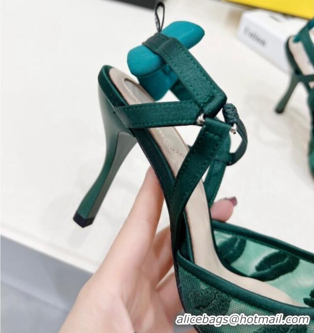 Popular Style Fendi Colibri Slingback Pumps 8.5cm in Mesh Lip Embroidery Green 042287