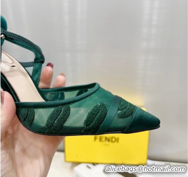 Popular Style Fendi Colibri Slingback Pumps 8.5cm in Mesh Lip Embroidery Green 042287