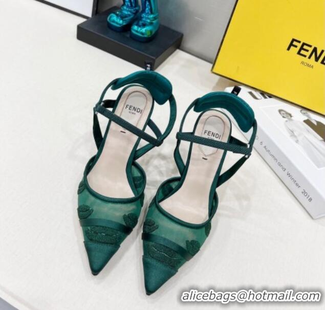 Popular Style Fendi Colibri Slingback Pumps 8.5cm in Mesh Lip Embroidery Green 042287