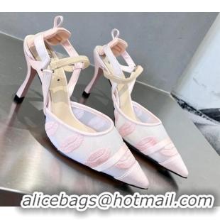 Discount Fendi Colibri Slingback Pumps 8.5cm in Mesh Lip Embroidery Light Pink 042288