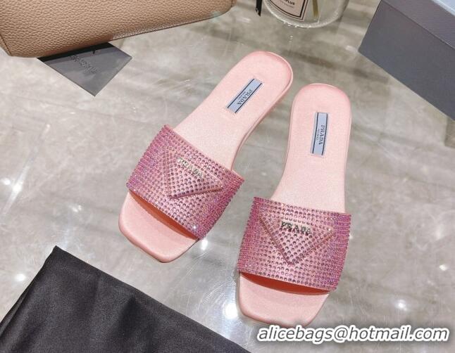 Good Quality Prada Crystal Flat Slide Sandals Light Pink 0425107