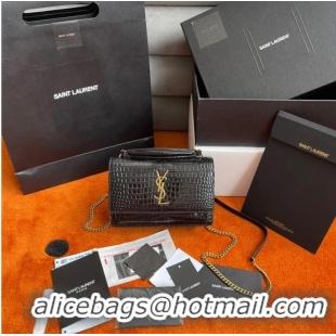 Promotional Yves Saint Laurent SUNSET SMALL CHAIN BAG IN CROCODILE EMBOSSED SHINY LEATHER Y533036A BLACK