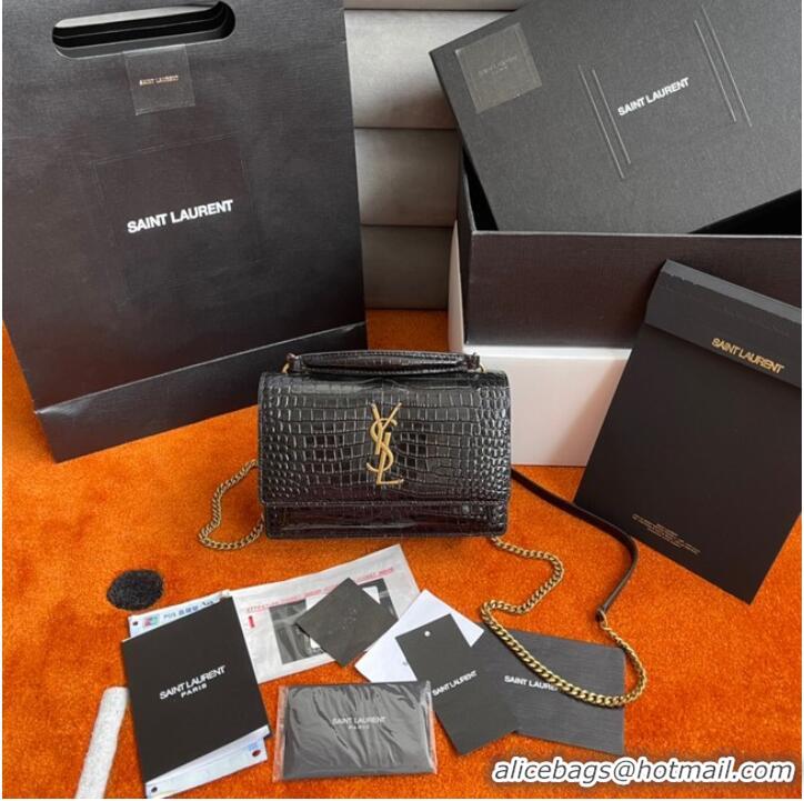 Promotional Yves Saint Laurent SUNSET SMALL CHAIN BAG IN CROCODILE EMBOSSED SHINY LEATHER Y533036A BLACK