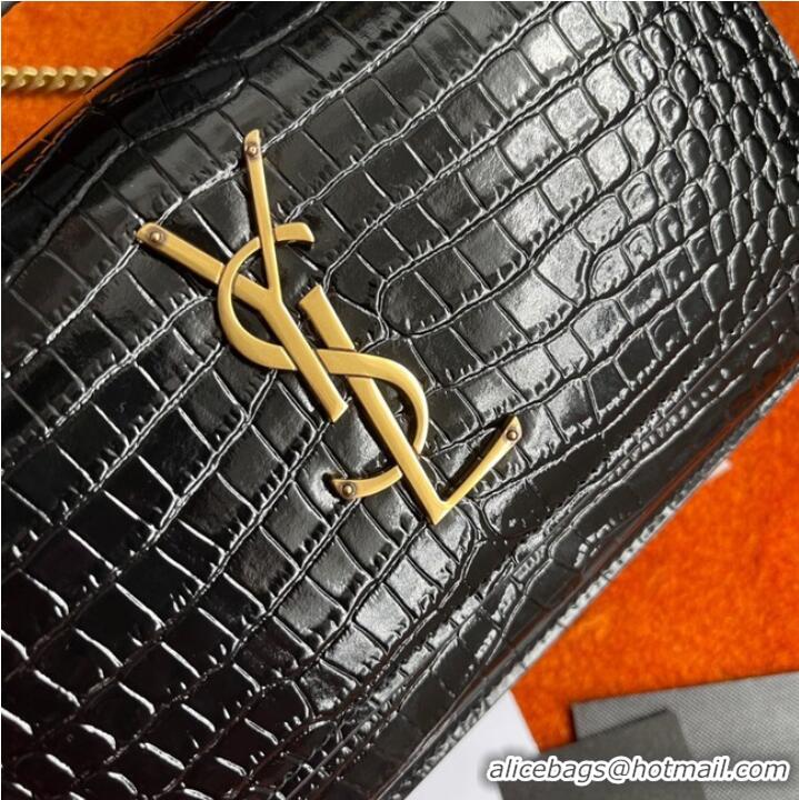 Promotional Yves Saint Laurent SUNSET SMALL CHAIN BAG IN CROCODILE EMBOSSED SHINY LEATHER Y533036A BLACK