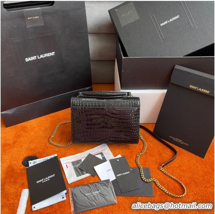 Promotional Yves Saint Laurent SUNSET SMALL CHAIN BAG IN CROCODILE EMBOSSED SHINY LEATHER Y533036A BLACK