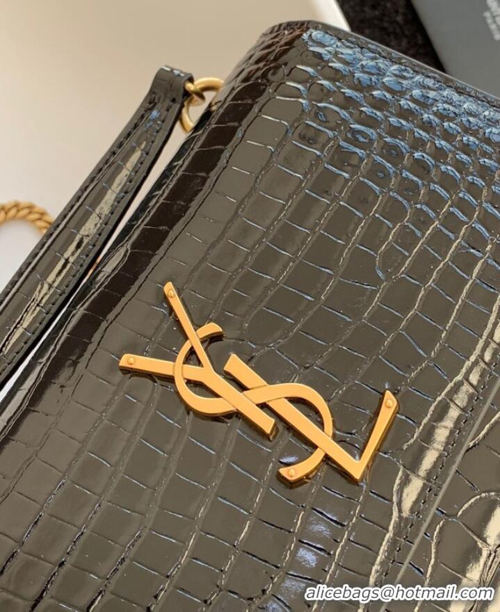 Promotional Yves Saint Laurent SUNSET SMALL CHAIN BAG IN CROCODILE EMBOSSED SHINY LEATHER Y533036A BLACK