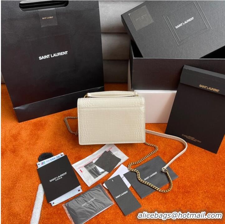 Big Discount Yves Saint Laurent SUNSET SMALL CHAIN BAG IN CROCODILE EMBOSSED LEATHER Y533036b WHITE