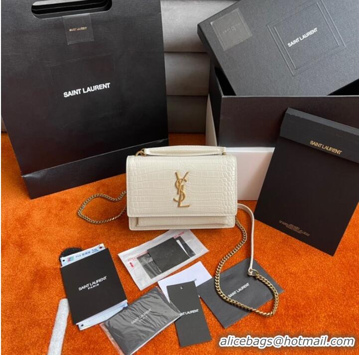 Big Discount Yves Saint Laurent SUNSET SMALL CHAIN BAG IN CROCODILE EMBOSSED LEATHER Y533036b WHITE