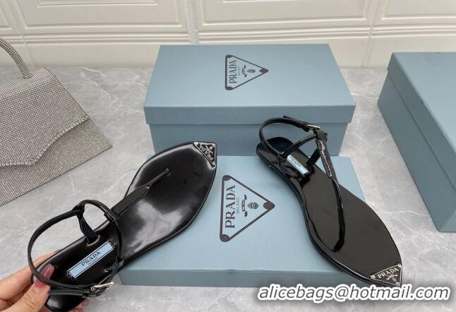 Durable Prada Patent Leather Flat Thong Sandals Black 042731